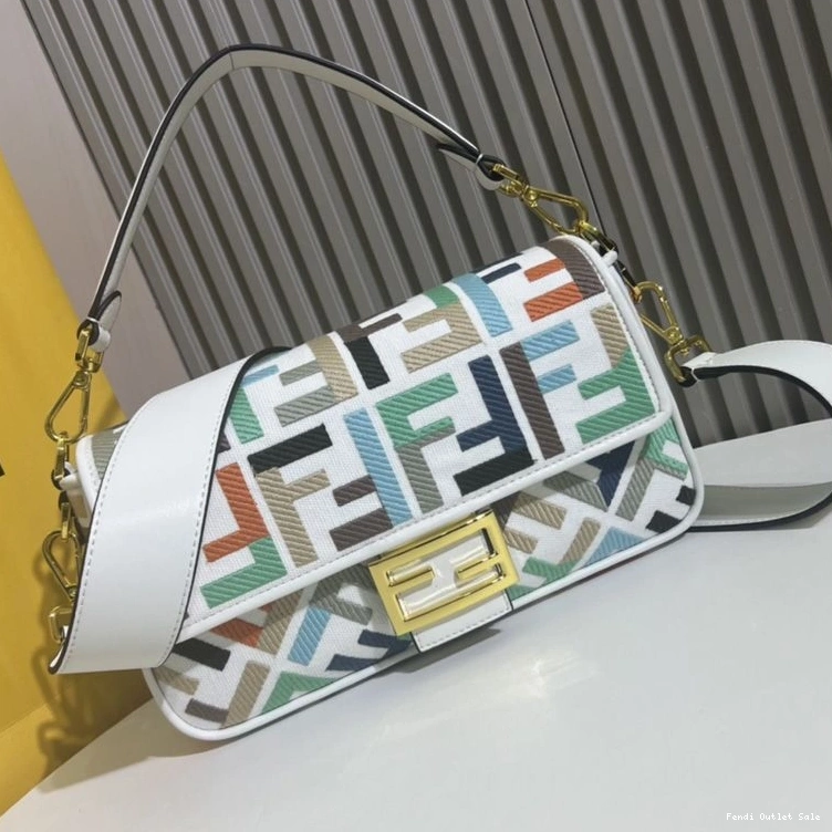 Cheap Canvas In Motif Baguette Medium Bag Multi White Fendi FF 0803